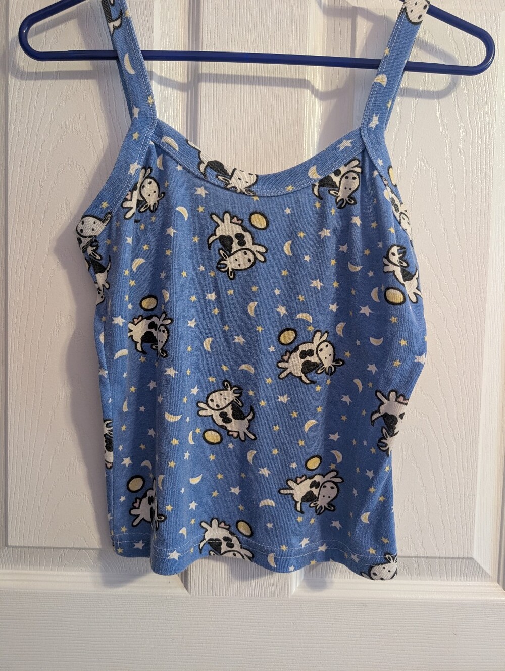 Vintage Y2K Shut Eye Pajama Tank Top Cami Blue Stars Moon Cows Juniors Sz Large